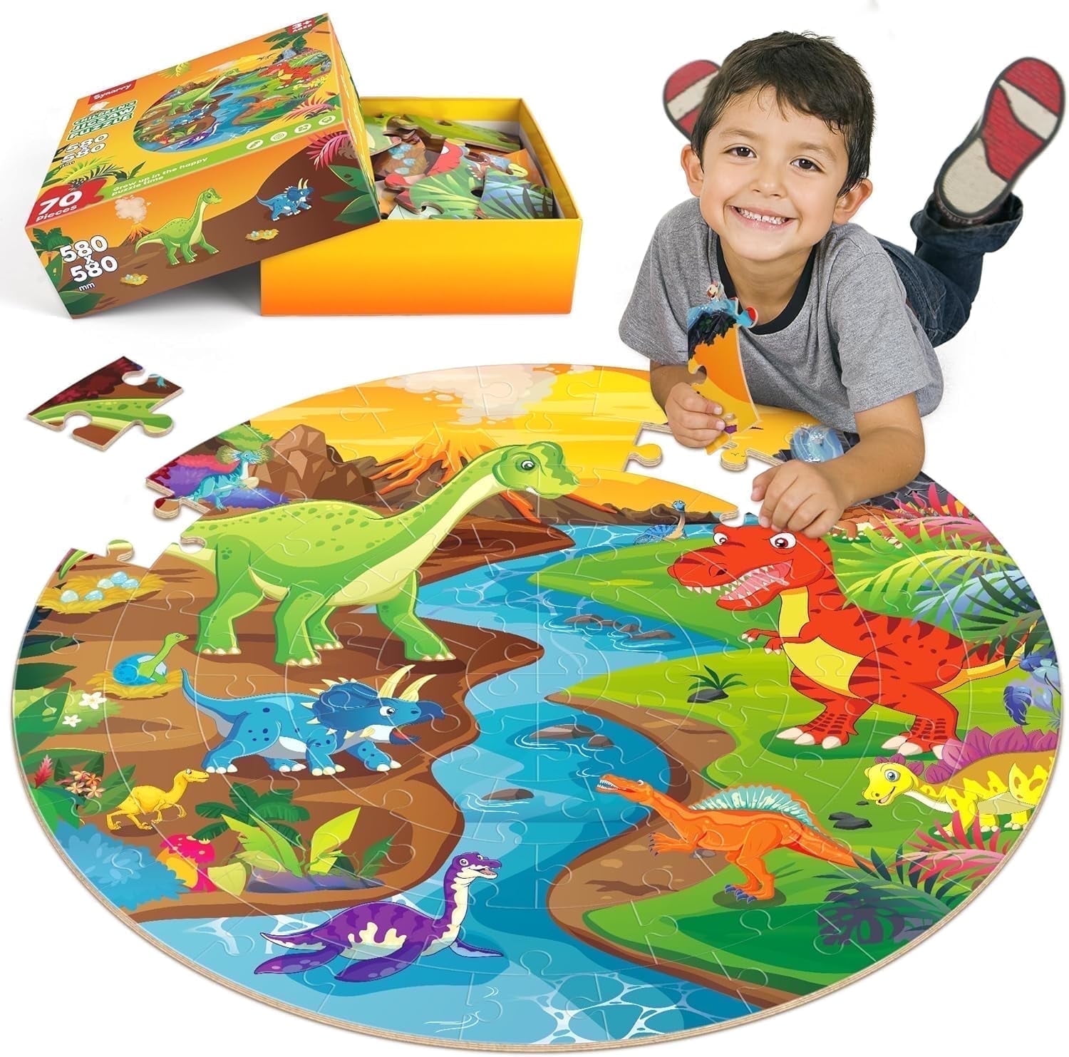 SYNARRY Dinosaur Floor Puzzle for Kids Age 3-8, 70-Piece Large Wooden Jigsaw Puzzle Set, FSC Certified Educational Puzzles