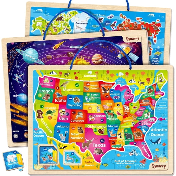 SYNARRY Large USA World Solar System Wooden Magnetic Puzzles for Kids Ages 3-8, Wood Puzzles Educational Games Toys Gifts for Toddlers, United States World Planet Space Map for Boys Girls