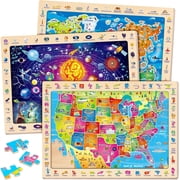 SYNARRY 3-in-1 Wooden Puzzle Set for Kids Age 3-8, Large USA Map, World Map, Solar System Match & Find Puzzles, 60pcs Each, FSC Certified Jigsaw Puzzles