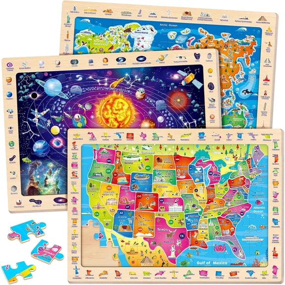 SYNARRY 3-in-1 Wooden Puzzle Set for Kids Age 3-8, Large USA Map, World Map, Solar System Match & Find Puzzles, 60pcs Each, FSC Certified Jigsaw Puzzles