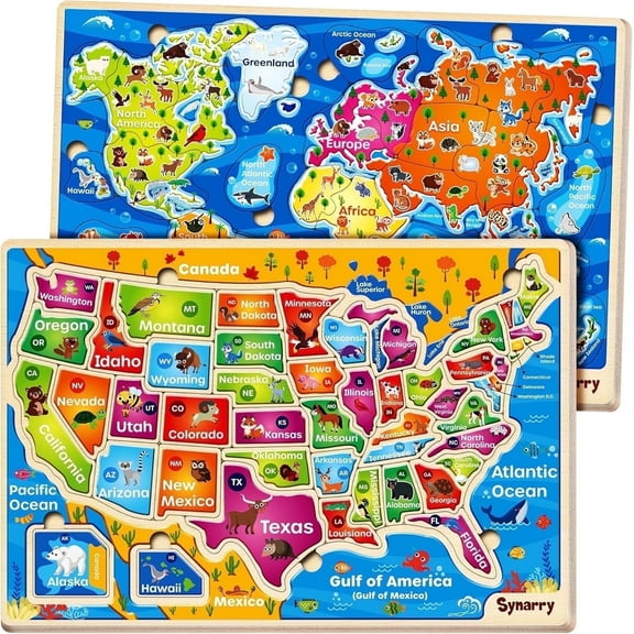 SYNARRY Large Wooden USA & World Map Puzzles, Educational Jigsaw Puzzle Set, Learning United States World Maps Puzles for Kids