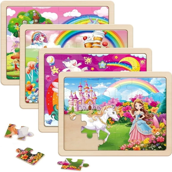 SYNARRY 4-in-1 Large Unicorn Princess Fairy Wooden Puzzle Set for Kids Age 3-8, 24pcs Each, FSC Certified Jigsaw Puzzles