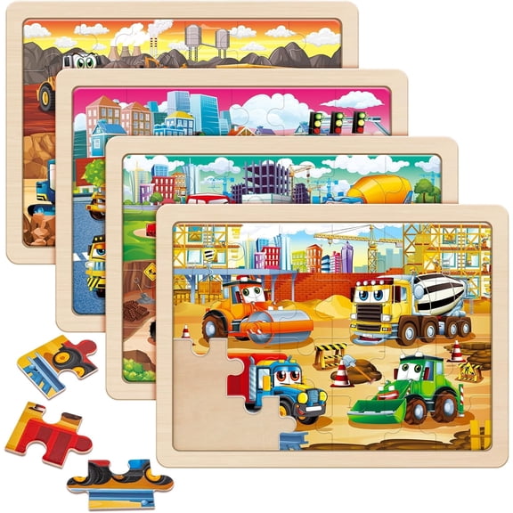 SYNARRY 4-in-1 Wooden Construction Vehicle Puzzles for Kids Ages 3-8, 24pcs Each, FSC Certified Educational Jigsaw Puzzle Set