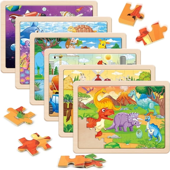 SYNARRY Large Wooden Puzzles for Kids 6-in-1 Gift Box(Each 60 pcs), FSC Certified, Educational Jigsaw Puzzle for Preschool Kids Ages 3-6, Wooden Puzzles for Boys Ages 3-8