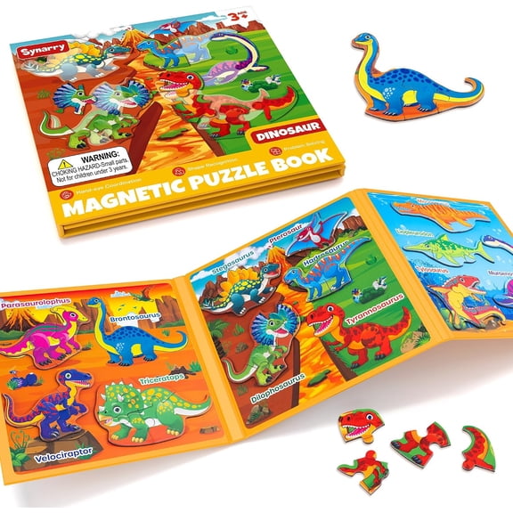 SYNARRY Dinosaur Magnetic Puzzle Book for Kids 3-6, Toddler Travel Toys with Storage Bag, FSC Certified Magnetic Jigsaw Puzzles