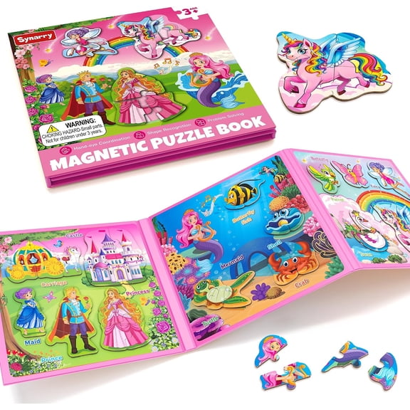 SYNARRY Unicorn Mermaid Princess Magnetic Puzzles for Kids 3-6, Toddler Travel Toys with Storage Bag, FSC Certified Magnetic Jigsaw Puzzles for Girls