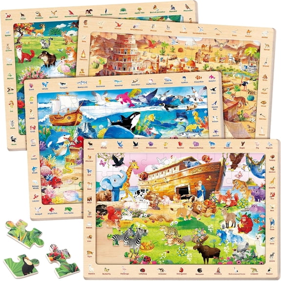 SYNARRY 4-in-1 Wooden Bible Noah Jonah Babel Adam Puzzles for Kids Ages 4-8, 60pcs Each, FSC Certified Match & Find Puzzle Set Puzzles, Birthday Gifts & Educational Toys