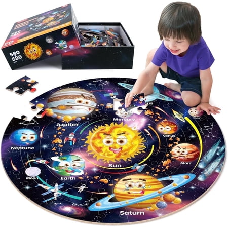 SYNARRY Solar System Floor Puzzle for Kids Age 3-8, 70-Piece Large Wooden Jigsaw Puzzle Set, FSC Certified Educational Puzzles