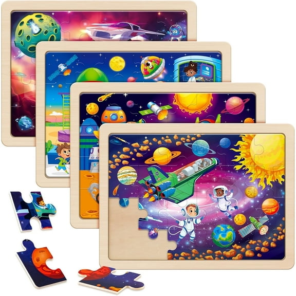 SYNARRY Large Space Planets Solar System Wooden Puzzles for Kids Ages 3-8, 4-in-1 Jigsaw Puzzle Set, 24 Pieces Each, FSC Certified Educational Gifts for Boys & Girls Ages 3 4 5 6 7 8