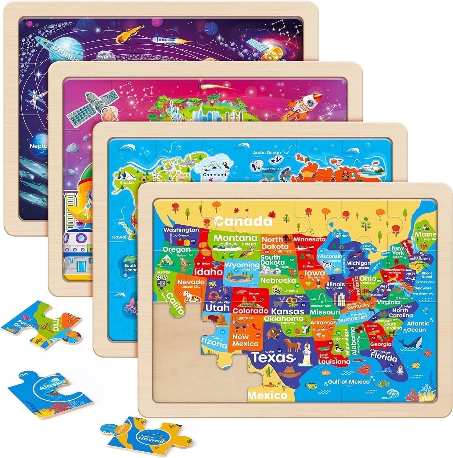 SYNARRY 4-in-1 Wooden Puzzle Set for Kids Age 3-8, Large USA Map, World Map, Earth & Solar System, 24pcs Each, FSC Certified Jigsaw Puzzles