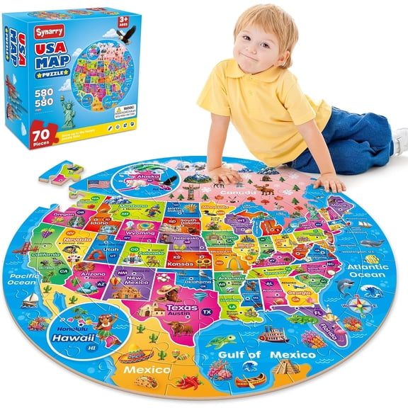 SYNARRY USA Map Floor Puzzle for Kids (Ages 3-8), 70-Piece Large Wooden Jigsaw Puzzle Set, FSC Certified Educational Puzzles