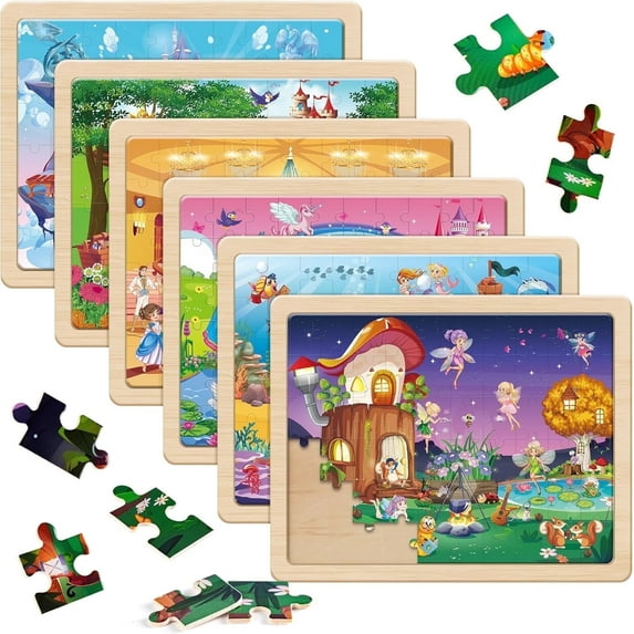 SYNARRY 6-in-1 Large Unicorn Princess Fairy Wooden Puzzle Set, 60 pcs Each, FSC Certified Jigsaw Puzzles