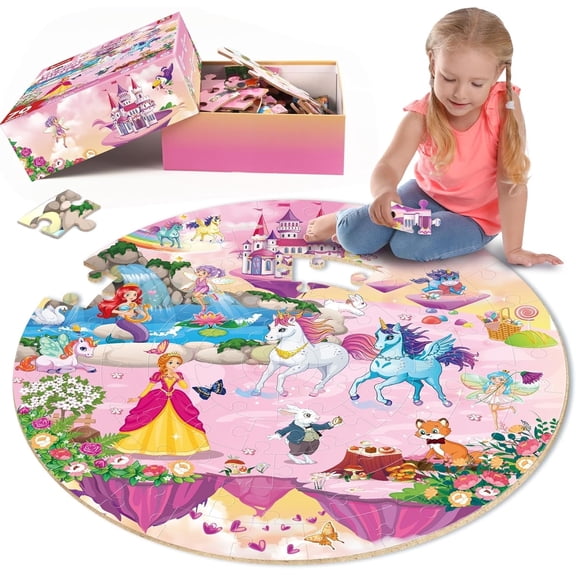 SYNARRY Unicorn Princess Mermaid Fairy Floor Puzzles for Kids Ages 3-8, Large 70-Piece Wooden Puzzle Set, FSC Certified Educational Puzzles