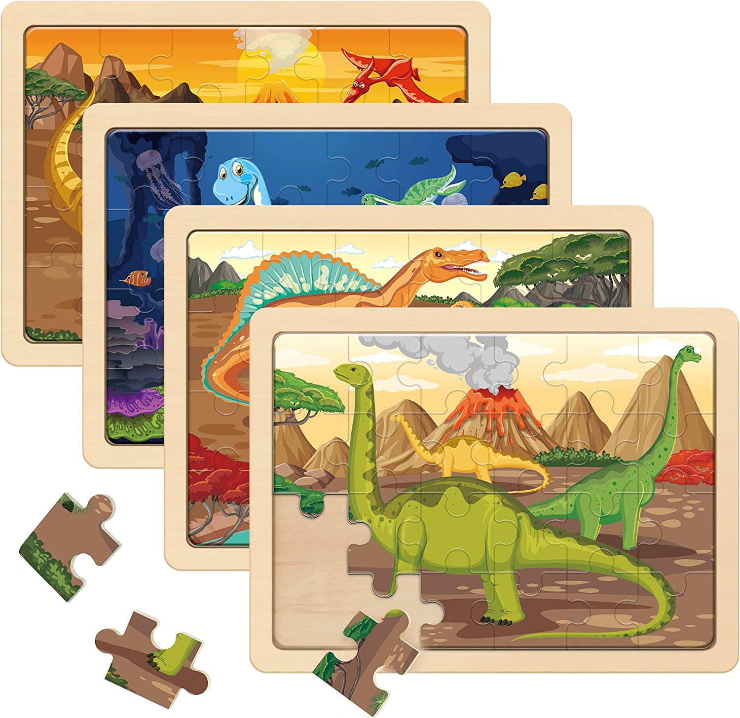  SYNARRY Wooden Dinosaur Puzzles for Kids Ages 3-5, 4 Packs 24  PCs Jigsaw Puzzles Preschool Educational Brain Teaser Boards Toys Gifts for  Children, Wood Dino Puzzles for 3 4 5 6
