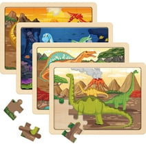 SYNARRY Wooden Dinosaur Puzzles for Kids Ages 3-5, 4 Packs 24 PCs Jigsaw Puzzles Preschool Educational Brain Teaser Boards Toys Gifts for Children, Wood Dino Puzzles for 3 4 5 6 Year Old Boys Girls