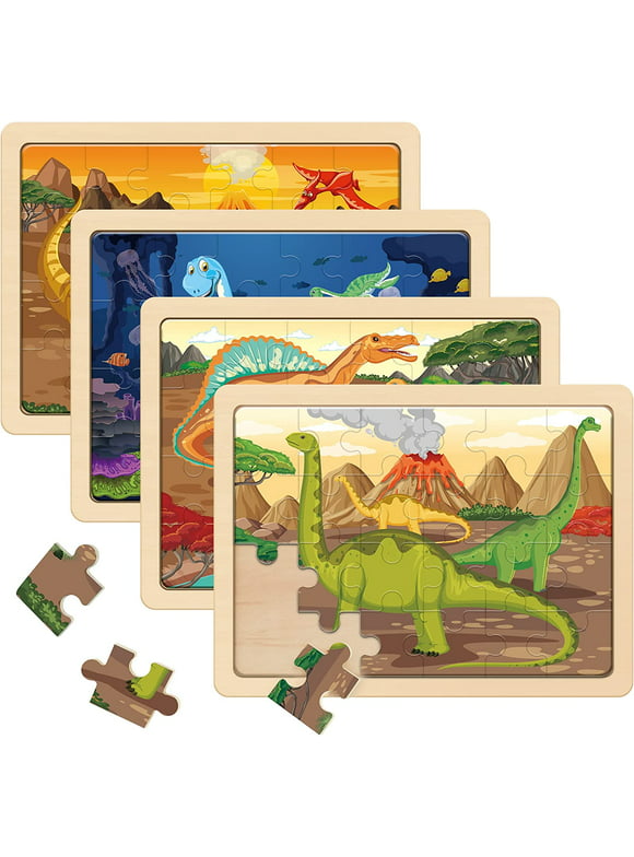 SYNARRY Wooden Dinosaur Puzzles for Kids Ages 3-8, 4 Packs 24 PCs Jigsaw Puzzles Preschool Educational Brain Teaser Boards Toys Gifts for Children, Wood Dinosau Puzzles for 3 4 5 6 Year Old Boys Girls