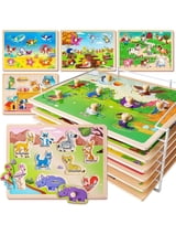 SYNARRY Wooden Peg Puzzles for Toddlers 1-3, 6-Set Animal Jigsaw Puzzles with Storage Rack, Education Toddler Puzzles Toys Gifts for 2 3 Years Boys Girls