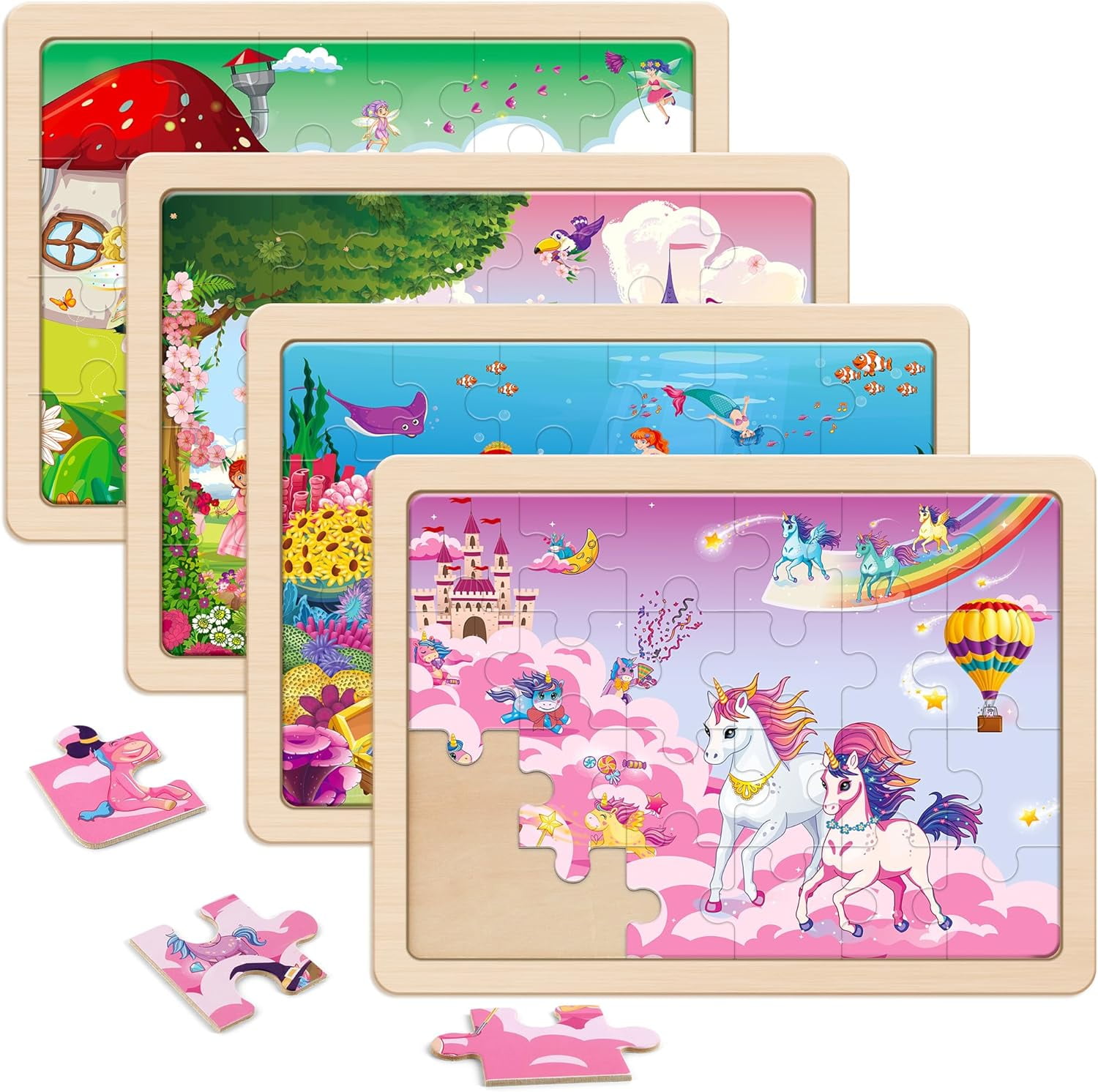 SYNARRY Wooden Puzzles for Kids Ages 35, 4 Packs 24 PCs Jigsaw Puzzles