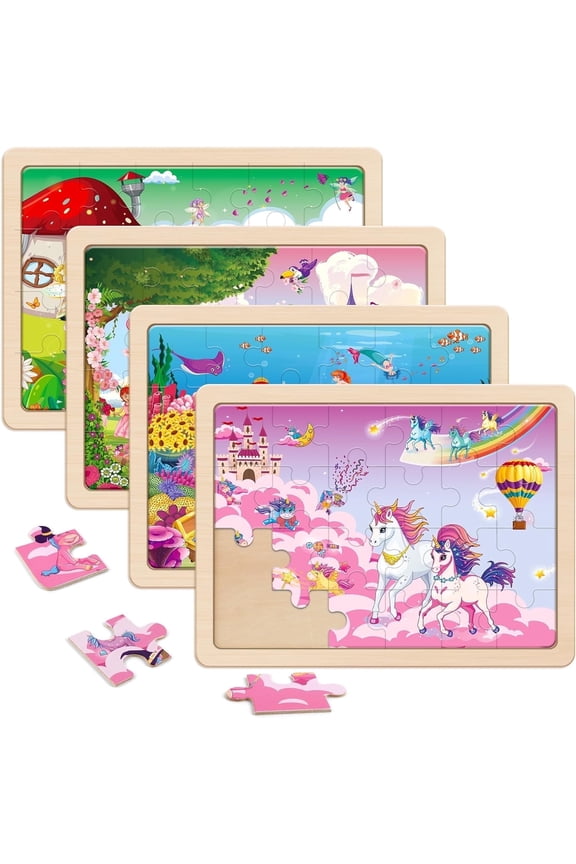 4-in-1 Wooden Princess Mermaid Puzzles for Kids Ages 3-8, 24pcs Each, FSC Certified Educational Jigsaw Puzzle Set