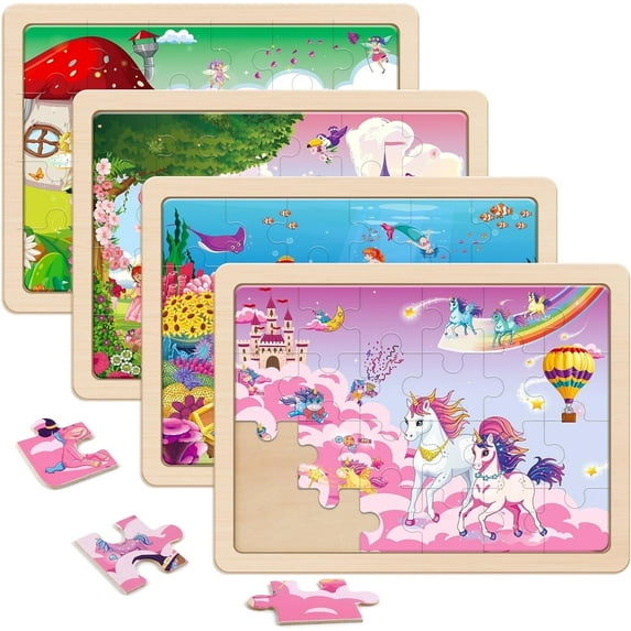 SYNARRY 4-in-1 Wooden Princess Mermaid Puzzles for Kids Ages 3-8, 24pcs Each, FSC Certified Educational Jigsaw Puzzle Set