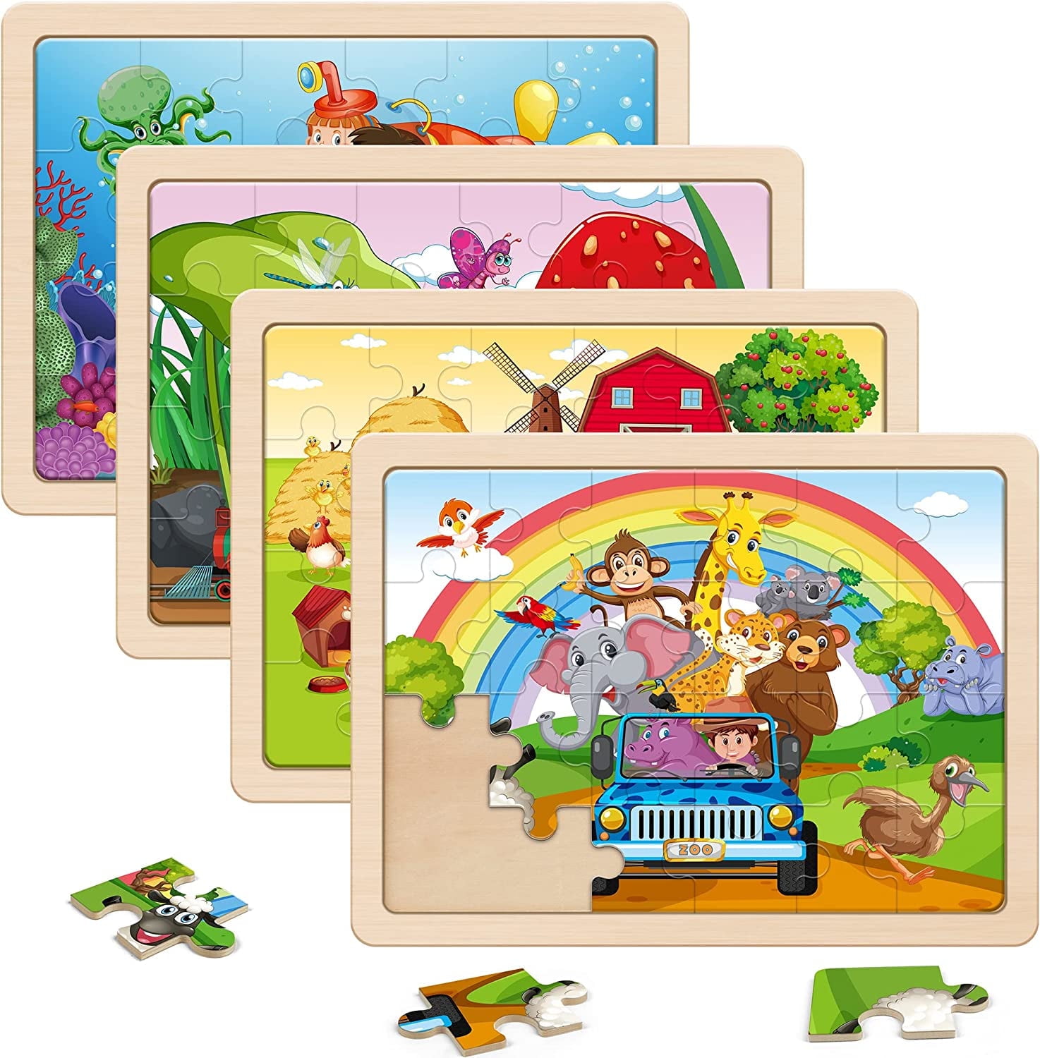SYNARRY Wooden Puzzles for Kids 3 8 4 Packs 24 PCs Zoo Farm Insect Sea Themes Educational Toys Walmart
