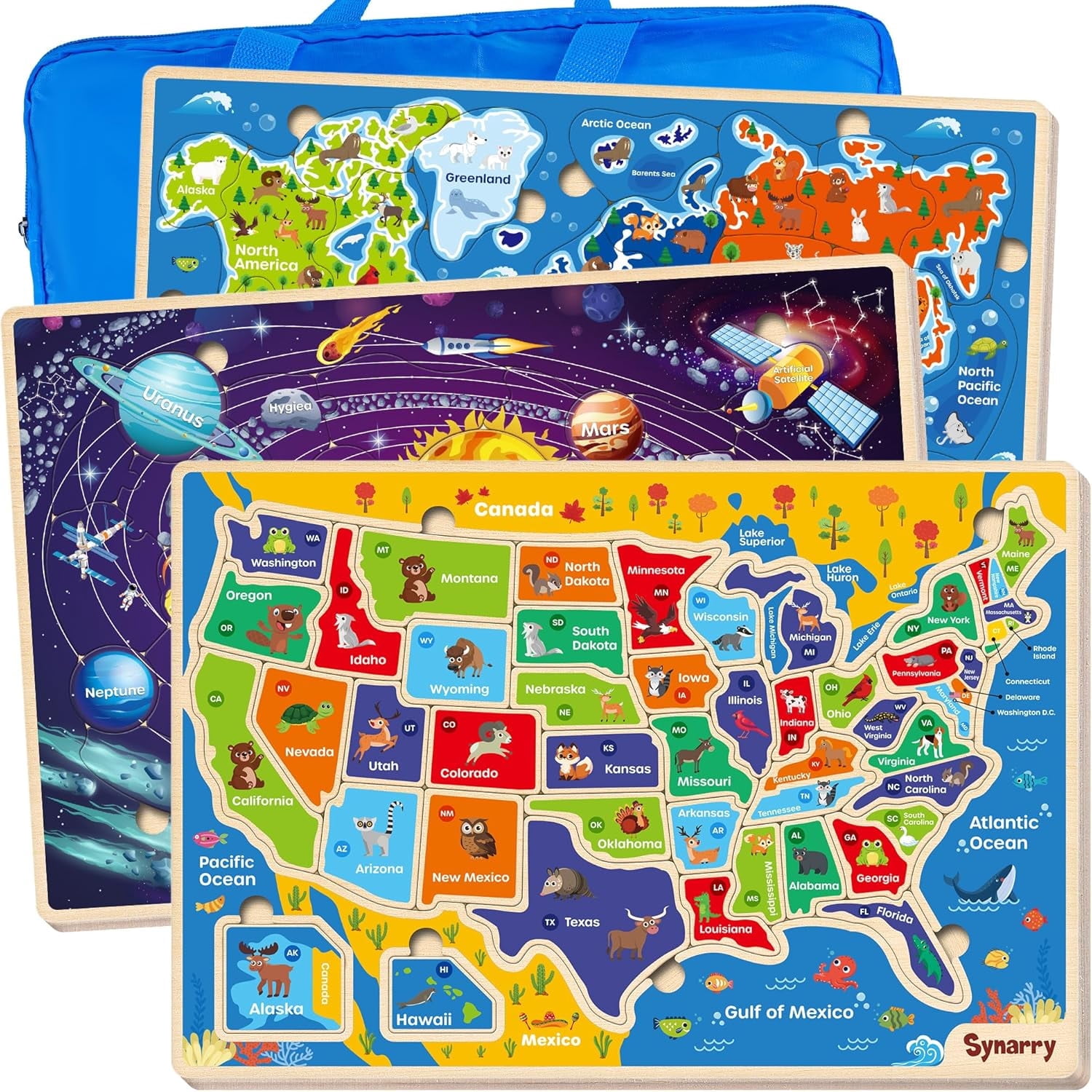 SYNARRY Wooden Puzzles for Kids Ages 3-8, USA, World Map & Solar System Jigsaw Puzzle Set, Wood Jigsaw Puzzles Educational Games Toys Gifts for Boys Girls