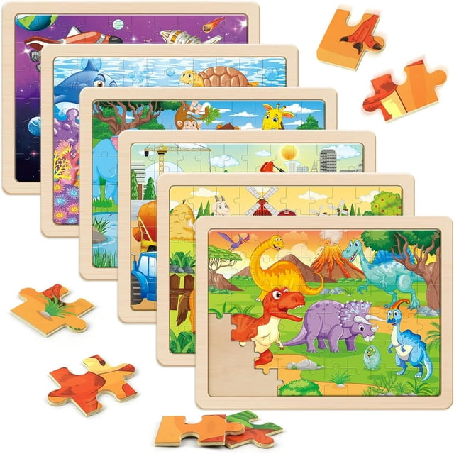 SYNARRY Wooden Jigsaw Puzzles for Kids 4-8, 6 Packs 60 PCs, Educational ...