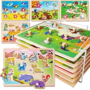 SYNARRY Wooden Peg Puzzles for Toddlers 1-3, 6-Set Animal Jigsaw Puzzles with Storage Rack, Education Toddler Puzzles Toys Gifts for 2 3 Years Boys Girls