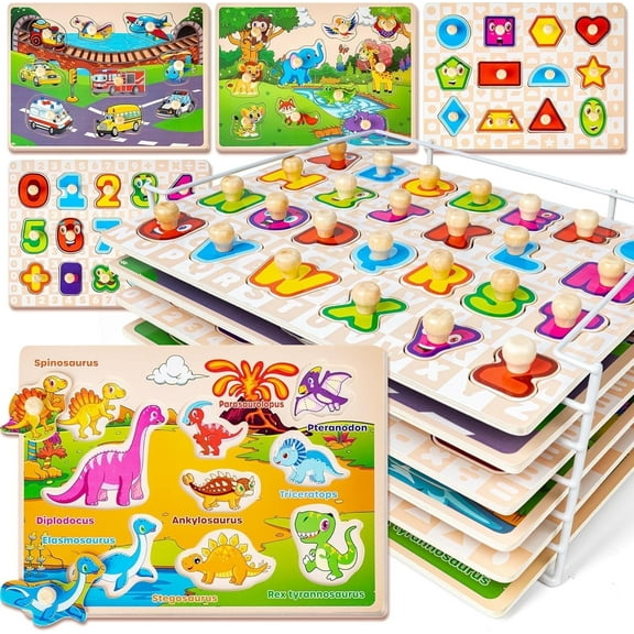 SYNARRY Wooden Peg Puzzles for Toddlers 1-3, 6-Set Animal Jigsaw Puzzles with Storage Rack, Education Toddler Puzzles Toys Gifts for 2 3 Years Boys Girls