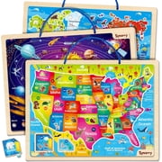 SYNARRY Large USA World Solar System Wooden Magnetic Puzzles for Kids Ages 3-8, Wood Puzzles Educational Games Toys Gifts for Toddlers, United States World Planet Space Map for Boys Girls