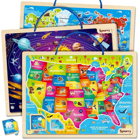 SYNARRY Large USA World Solar System Wooden Magnetic Puzzles for Kids Ages 3-8, Wood Puzzles Educational Games Toys Gifts for Toddlers, United States World Planet Space Map for Boys Girls