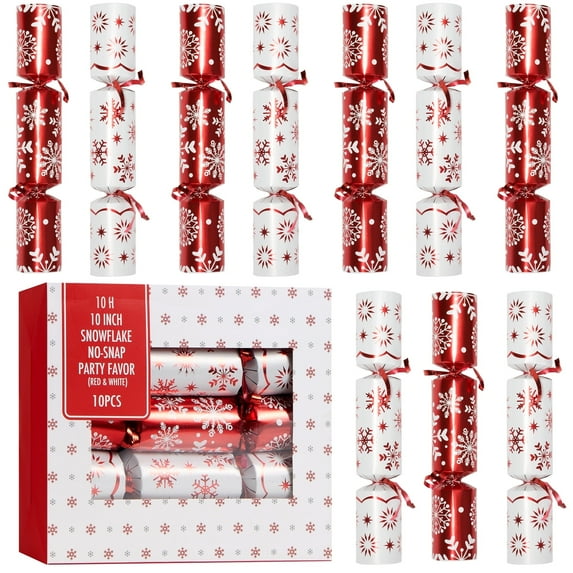 Joyfy 10" Christmas Crackers Party Table Favor, 10 Pcs No Snap Red & White Snowflake Design with Party Hat Joke & Little Gift for Xmas Holiday Dinner Traditions