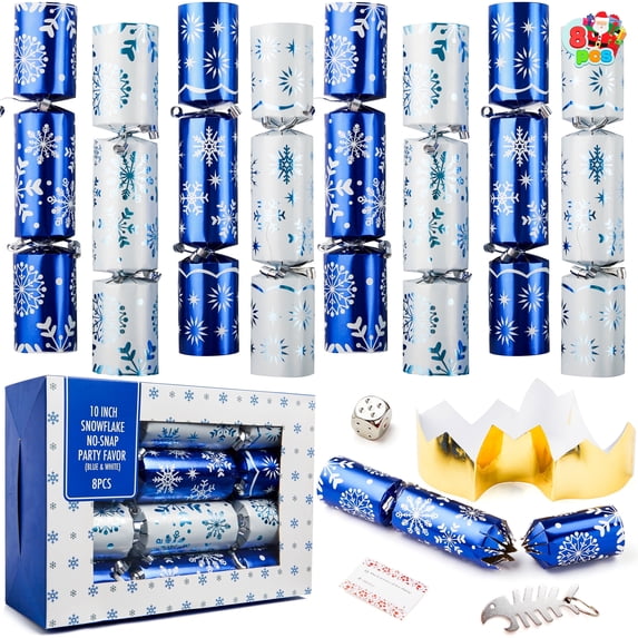 Joyfy Christmas Crackers Party Table Favor, 8 Pcs No Snap Blue & White Snowflake Design for Xmas Holiday Dinner Traditions