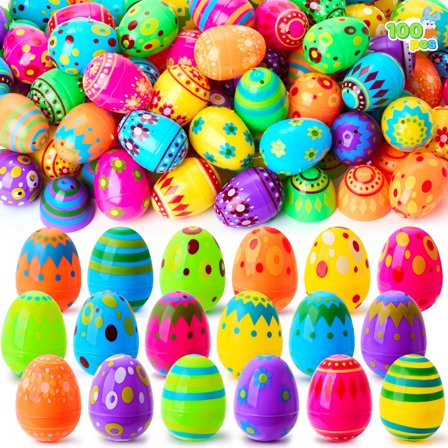 Joyfy 100 Pcs Plastic Printed Easter Eggs, 2.3" Fillable Empty Easter Eggs for Easter Hunt, Basket Stuffers Fillers, Classroom Prize Supplies, Filling Treats and Party Favor