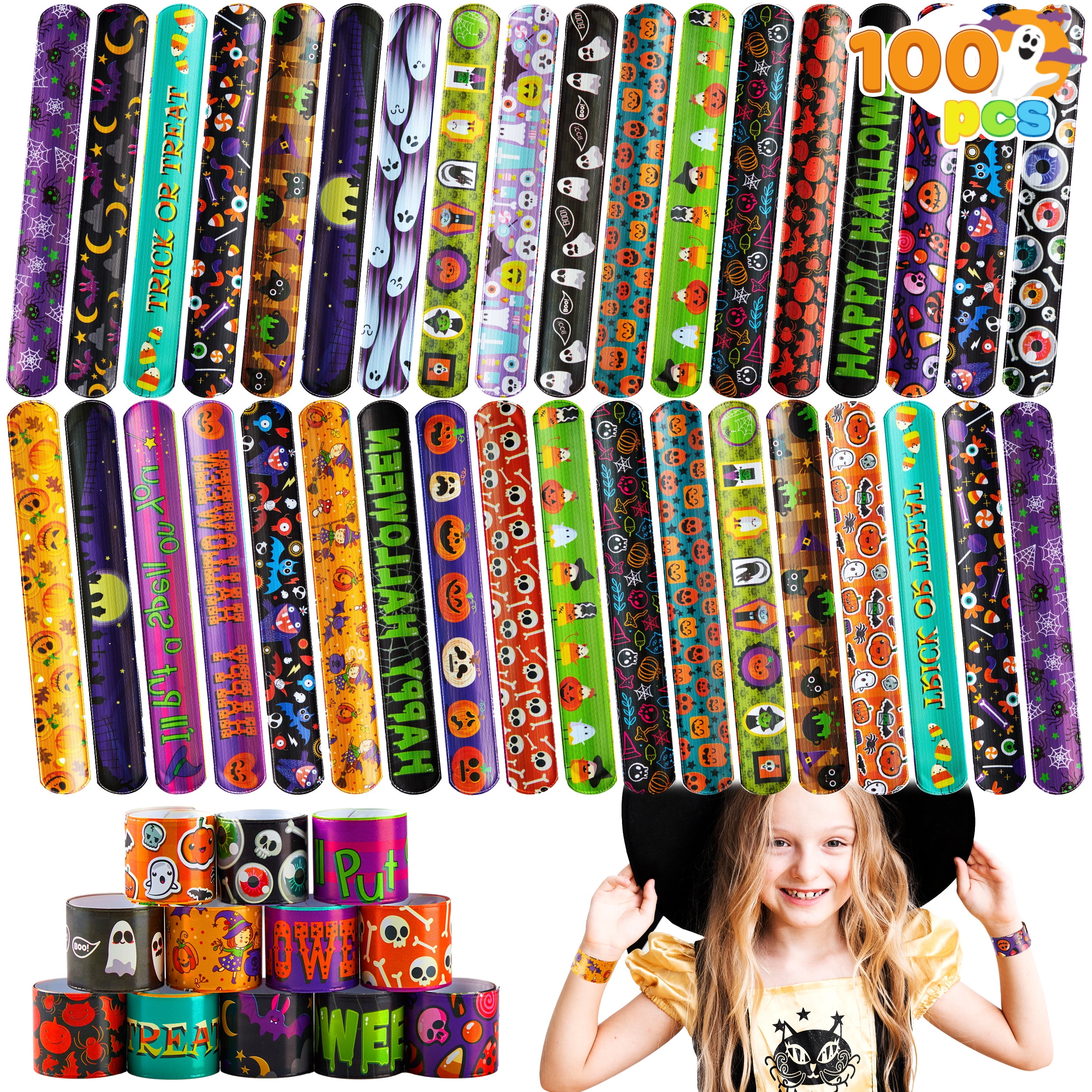 SYNCFUN 100 Pcs Halloween Slap Bracelets for Kids,Halloween Toys Bulk ...