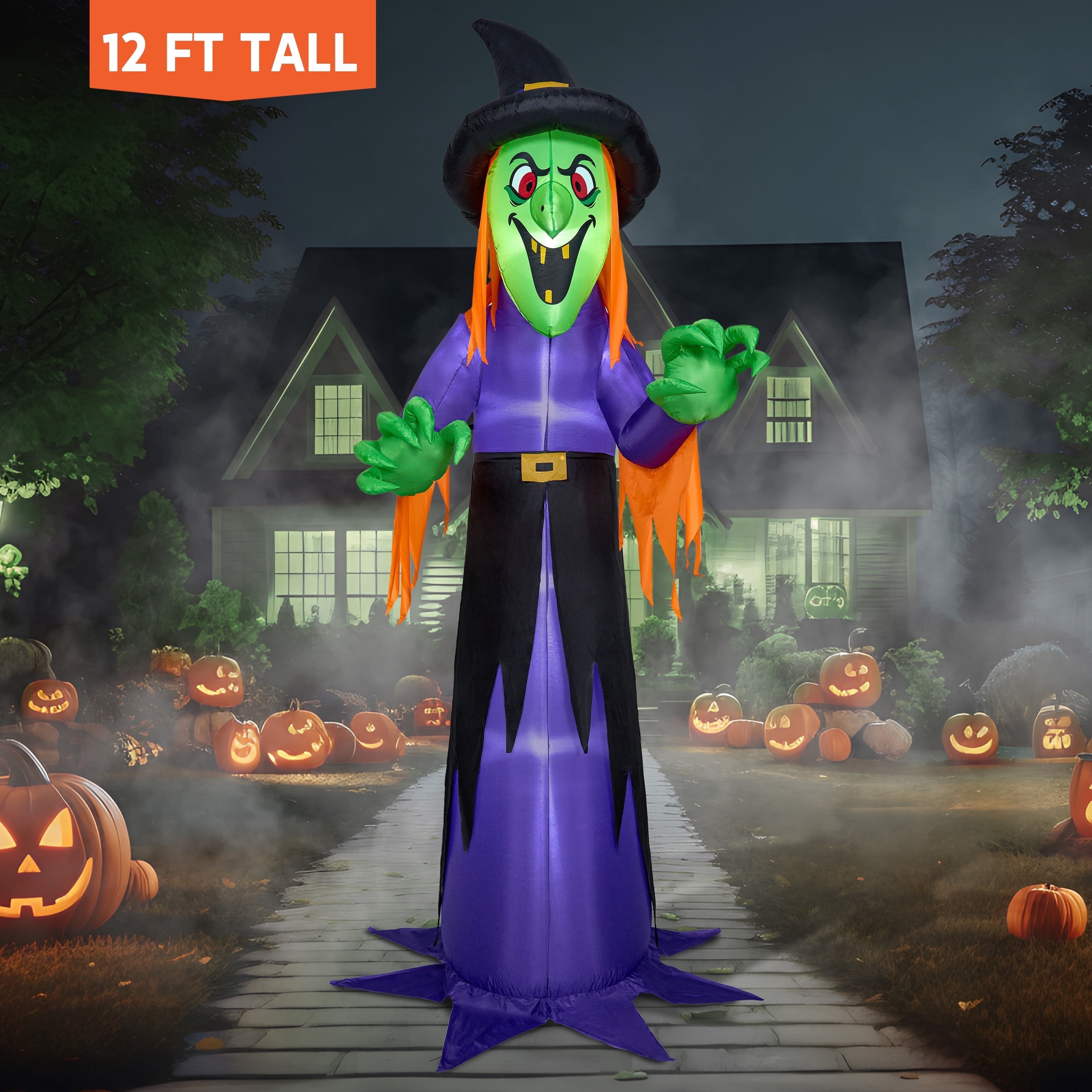 Joyfy 12 ft Halloween Inflatable Witch Decoration with Built-in LEDs