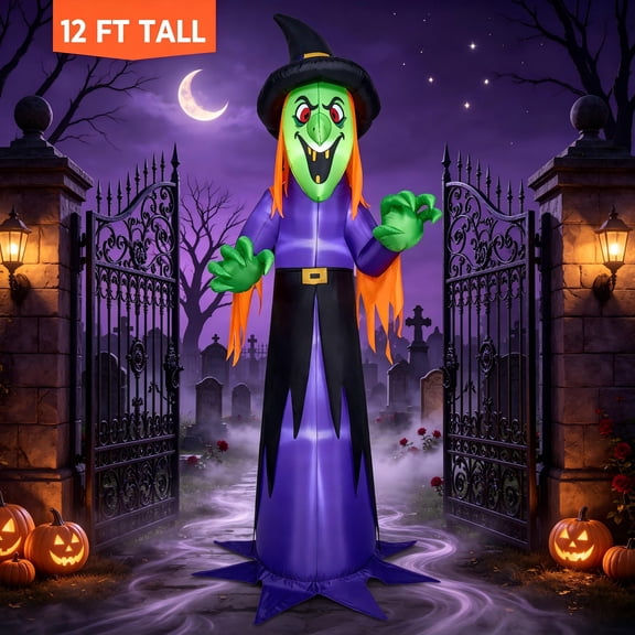 Joyfy 12 ft Halloween Inflatable Witch Decoration with Built-in LEDs,Witch Halloween Decorations Outdoor Blow Up Yard Lawn Decoration