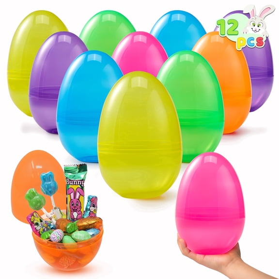 Joyfy 12 Pcs 7" Jumbo Easter Eggs, Assorted Colors Large Clear Plastic Easter Eggs, Empty Fillable Easter Eggs for Filling Treats, Easter Egg Hunt, Party Favor, Classroom Prize