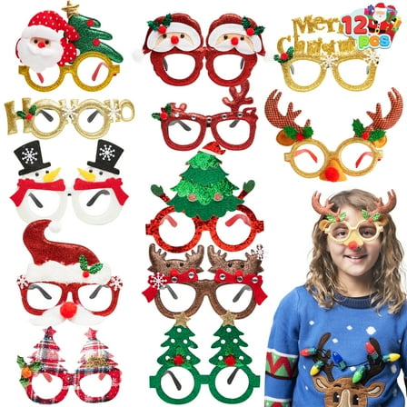 Joyfy 12 Pcs Christmas Eyeglasses Frames Glitter Party Glasses Frames Costume Accessories for Christmas Parties Holiday Favors Photo Booth