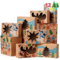 Joyfy 12 Pcs Foiled Christmas Cookie Boxes with Window 8.5" x 5.75" x 2.75", Treat Boxes for Pastries, Cupcakes, Brownies, Gift-Giving, Doughnut and Cookie, Brown Kraft Bakery Boxes