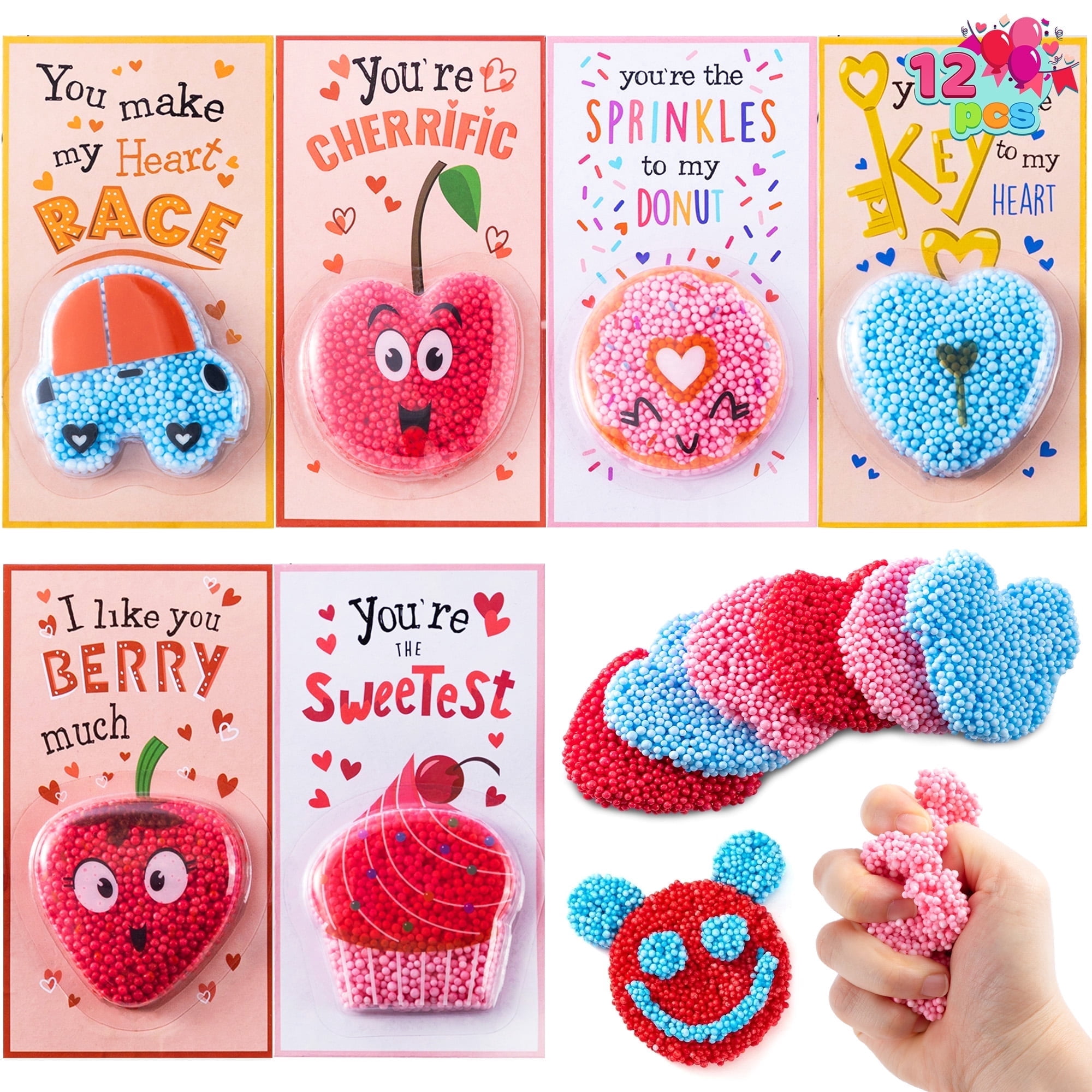 Joyfy 12 Packs Valentines Cards for Kids, Foam Squishy Toys, Stress Relief for Valentine Party Favors, Kids School Class Exchange Cards