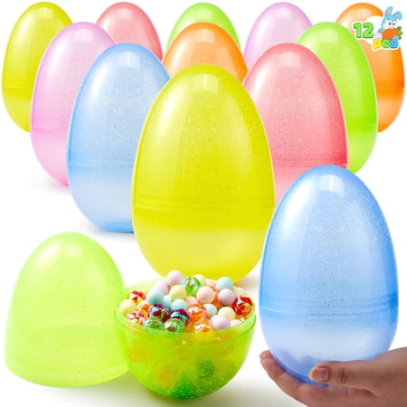 Joyfy 12 Pcs 7" Large Plastic Easter Eggs, Jumbo Glitter Assorted Colors Empty Fillable Easter Eggs for Filling Treats, Party Favor, Easter Egg Hunt, Decorations, Classroom Prize