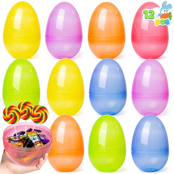 Joyfy 12 Pcs 7" Large Plastic Easter Eggs, Jumbo Assorted Colors Glitter Empty Fillable Easter Eggs for Filling Treats, Party Favor, Easter Egg Hunt, Decorations, Classroom Prize