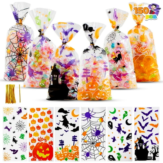 Joyfy 150 Pcs Halloween Treat Bags Clear Cellophane Bags with Twist Ties,Goodie Bags for Snack Cookie Candy,Halloween Gift Trick or Treat Bags,Halloween Party Supplies