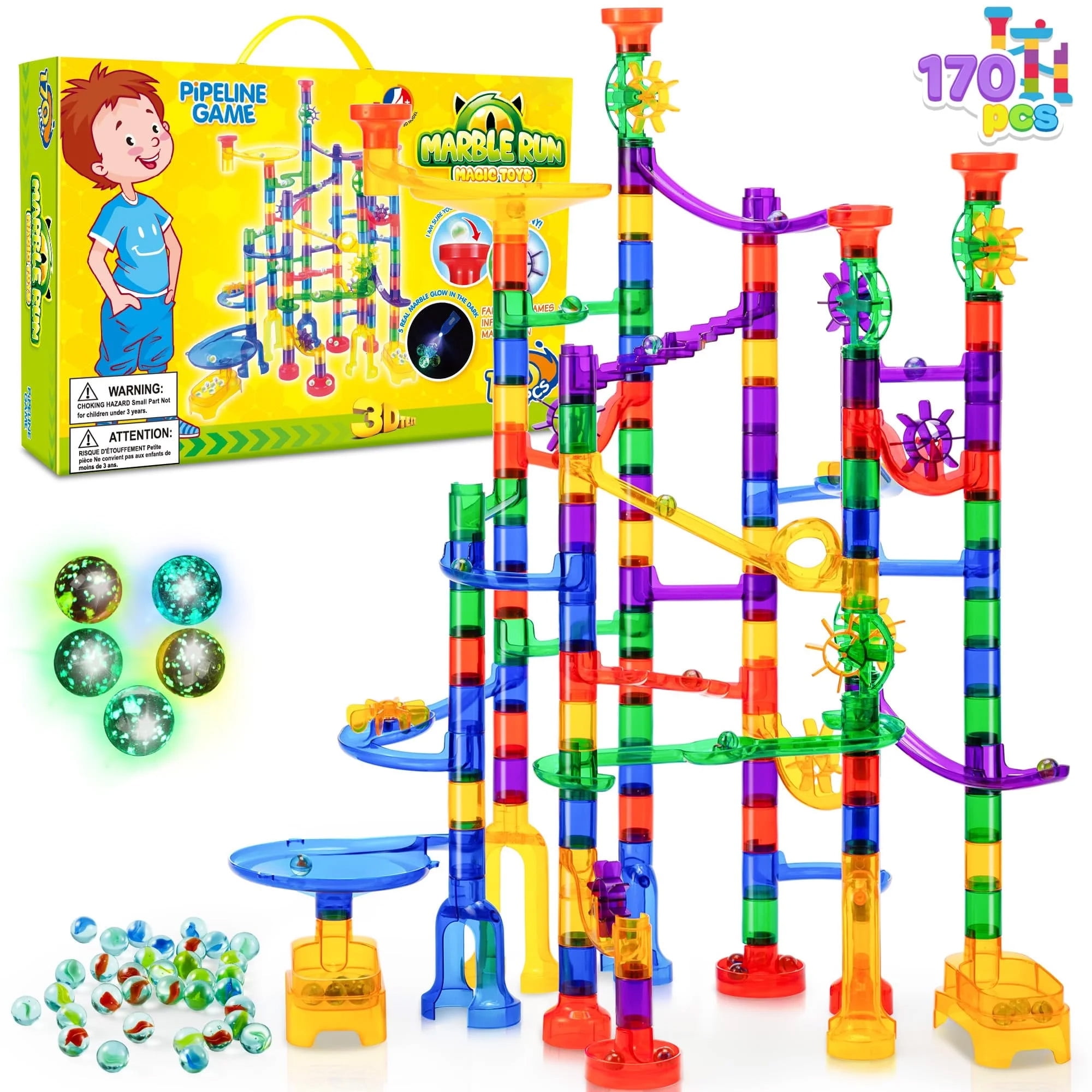 Joyfy 170 Pcs Glowing Marble Run, Construction Building Blocks Toys with 5 Glow in The Dark Glass Marbles, Birthday Easter Gift for Boys & Girls