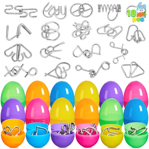 Joyfy 18 Packs Easter Eggs Filled with Metal Brain Teaser Puzzle Set Toys,Easter Basket Stuffers for Kids Teens Boys,Easter Baskets Eggs Stuffers,Classroom Prize Supplies