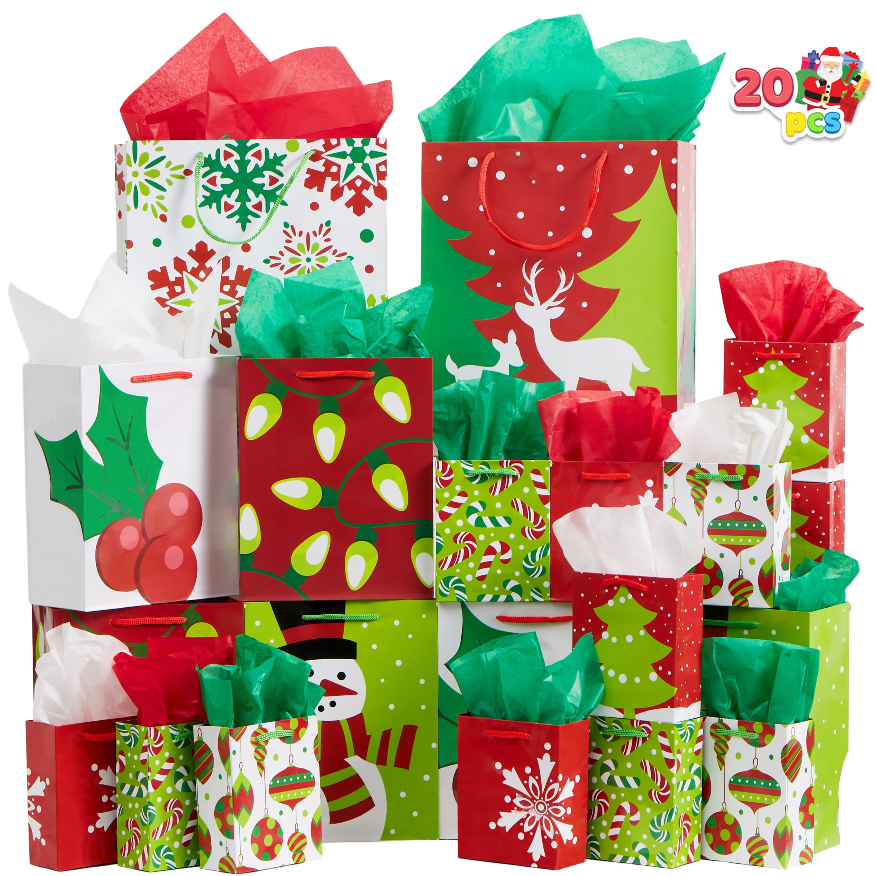 SYNCFUN 20 Pcs Christmas Goody Gift Bags Assorted Sizes with Handles for Xmas Holiday Present Wrap Decor Paper Goodie Bag Kraft Goody Bags School