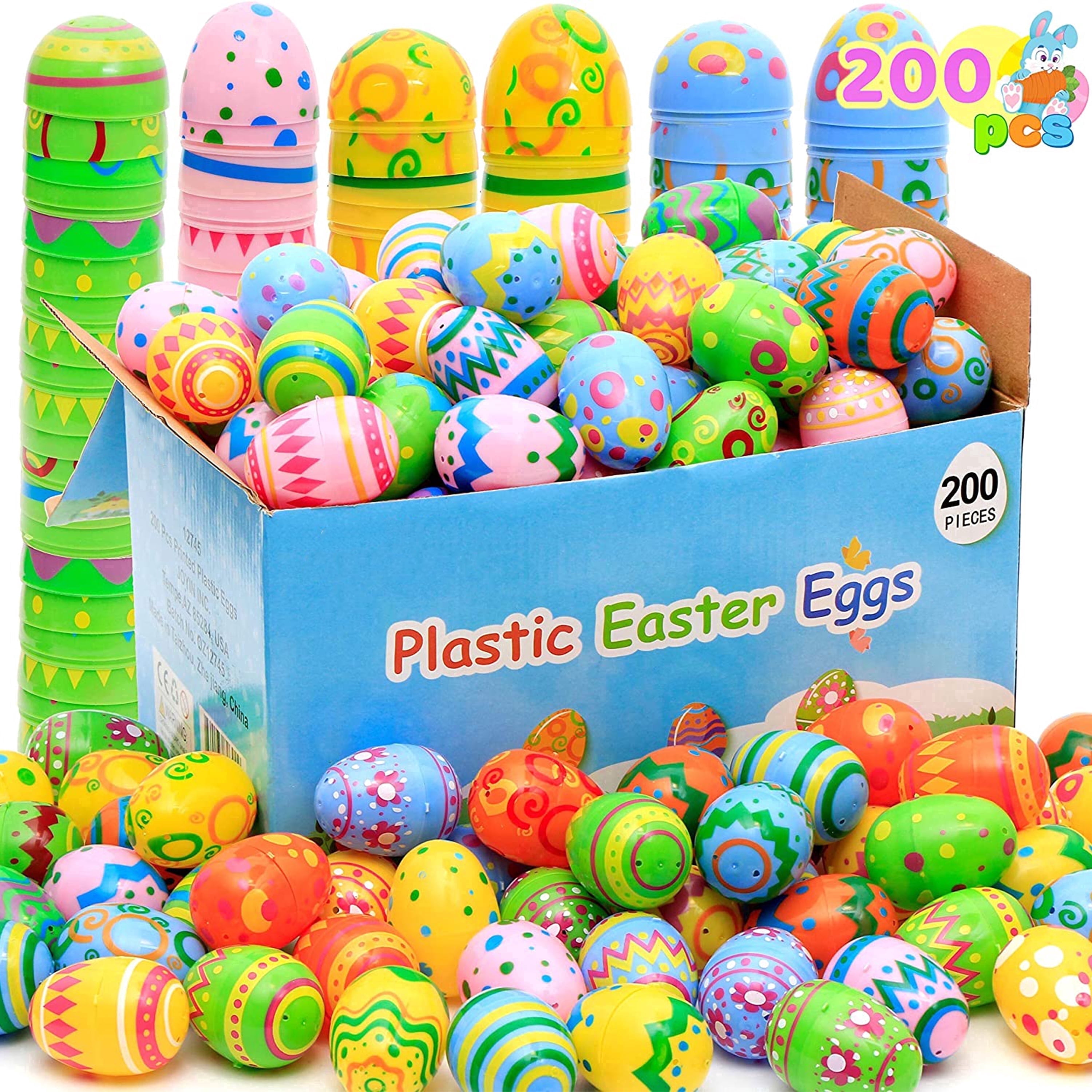 Joyfy 200 Pcs Plastic Easter Eggs Bulk, 2.3" Printed Bright Easter Eggs, Empty Fillable for Easter Hunt, Basket Stuffers Fillers, Party Favors and Decoration, Easter Goodie Bags for Kids