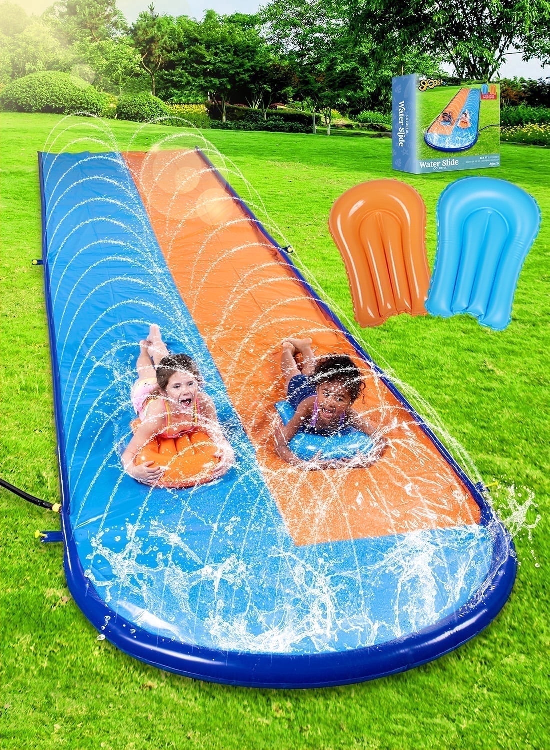 Joyfy 22.5ft Water Slides with 2 Inflatable Boards, 2 Sliding Racing Lanes and Sprinklers, Backyard Outdoor Lawn Summer Toy, Shark