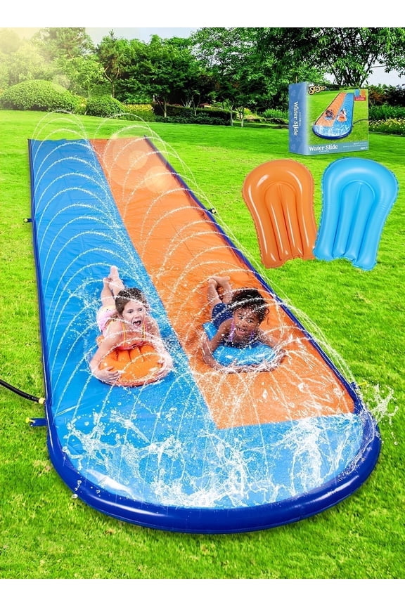 22.5ft Water Slides with 2 Inflatable Boards, 2 Sliding Racing Lanes and Sprinklers, Backyard Outdoor Lawn Summer Toy, Shark